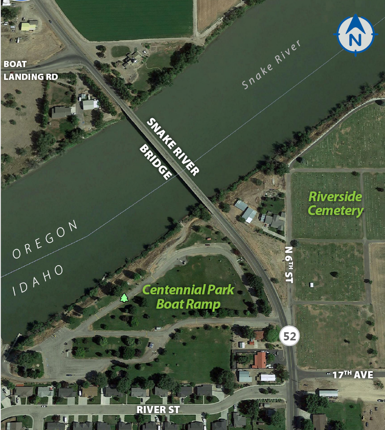 Map of the project area. Centennial Park boat ramp and Riverside Cemetary are marked to the south east of the Snake river and SH-52 Bridge.